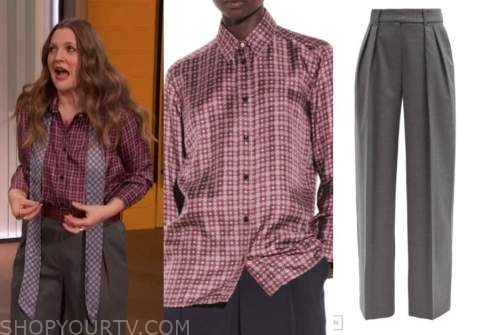 drew barrymore, drew barrymore show, geometric silk shirt, grey pants