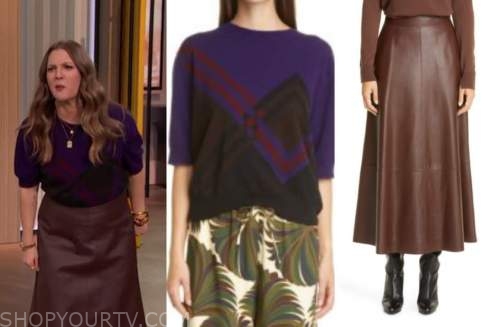 drew barrymore, drew barrymore show, purple plaid sweater, brown leather skirt
