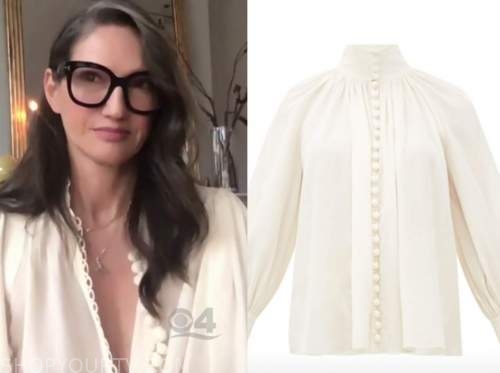 jenna lyons, ivory button down mock neck blouse, drew barrymore show