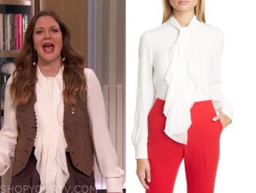 drew barrymore, drew barrymore show, white pleated ruffle tie neck blouse