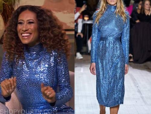 elaine welteroth, drew barrymore show, blue sequin turtleneck dress