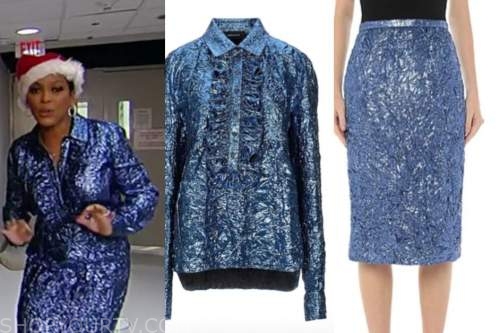 tamron hall, tamron hall show, blue metallic ruffle shirt and skirt dress