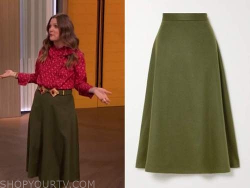 drew barrymore, drew barrymore show, olive green midi skirt