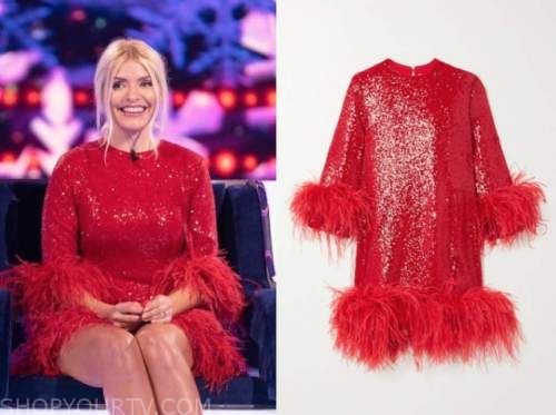 holly willoughby, the wheel, red sequin feather dress