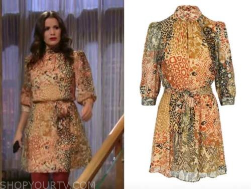 chelsea newman, melissa claire egan, the young and the restless, orange mock neck printed dress