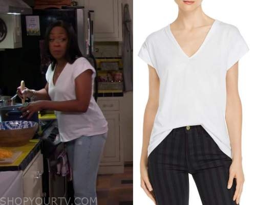 The Neighborhood: Season 3 Episode 5 Tina's White V Neck Top | Shop Your TV