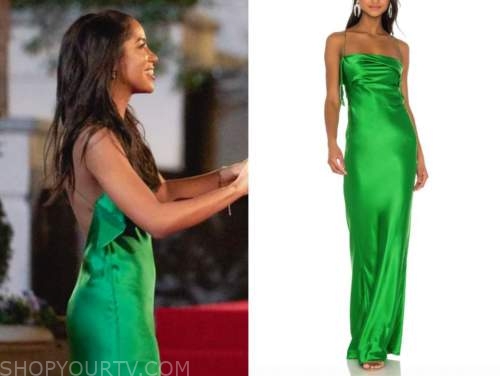 bri springs, green satin gown, dress, the bachelor, night one