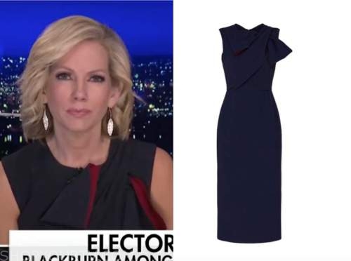fox news at night, shannon bream, navy blue and red bow sheath dress