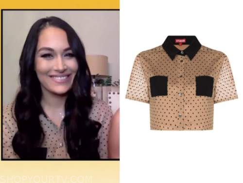 brie bella, drew barrymore show, beige polka dot crop shirt