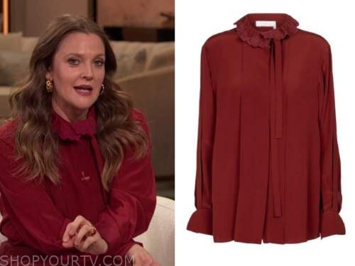 drew barrymore, drew barrymore show, red embroidered tie neck blouse