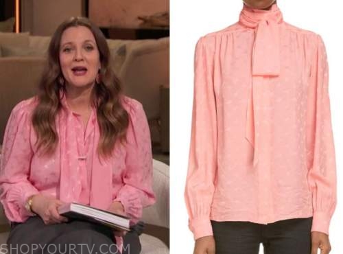 drew barrymore, drew barrymore show, pink silk tie neck blouse