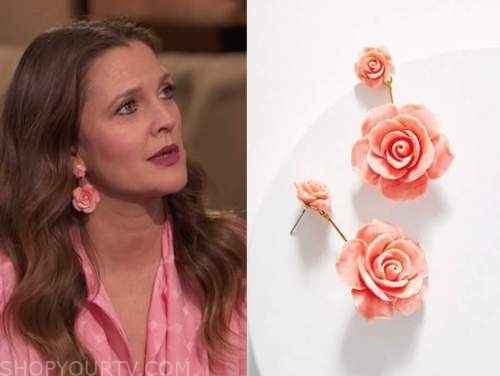drew barrymore, drew barrymore show, pink rose flower earrings