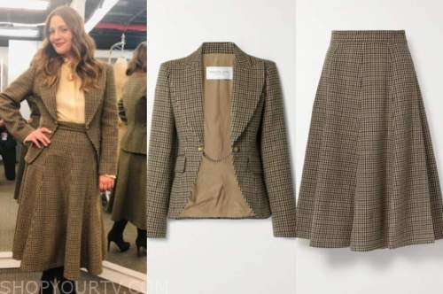 drew barrymore, drew barrymore show, brown houndstooth blazer and skirt suit