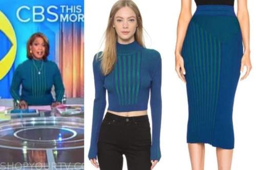 gayle king, blue striped knit top and skirt, cbs this morning