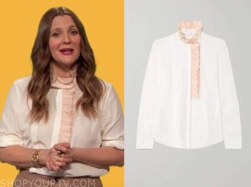 drew barrymore, drew barrymore show, white and pink ruffle trim blouse