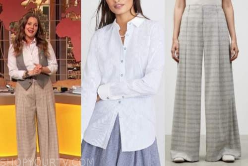 drew barrymore, drew barrymore show, blue striped shirt, grey check pants