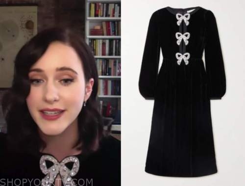 rachel brosnahan, conan, black velvet bow embellished midi dress