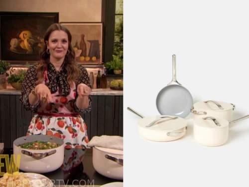 drew barrymore, drew barrymore show, ivory cream cookware set