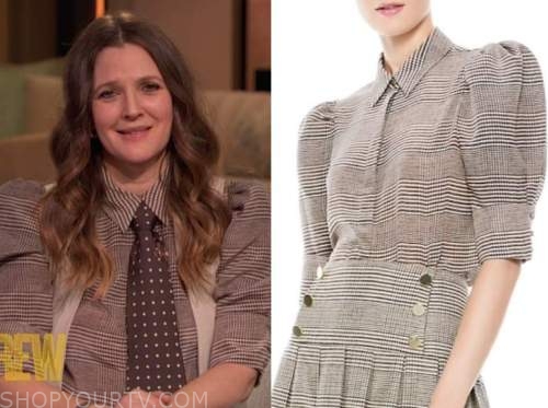 drew barrymore, drew barrymore show, brown plaid puff sleeve shirt