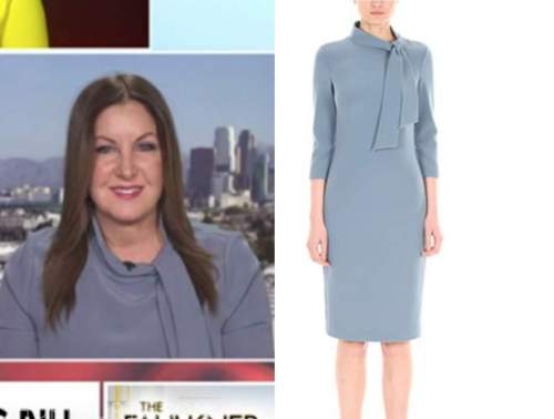leslie marshall, outnumbered, blue tie neck dress