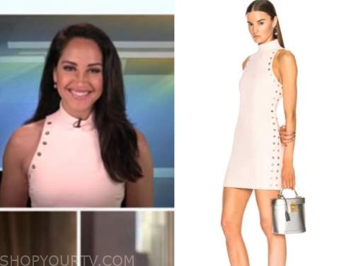 emily compagno, outnumbered, blush pink halter studded dress