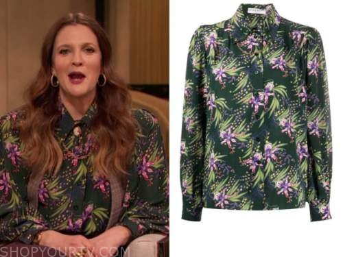 drew barrymore, drew barrymore show, green floral silk blouse