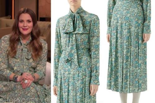 drew barrymore, drew barrymore show, green floral tie neck blouse, green floral skirt