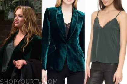 summer newman, hunter king, the young and the restless, green velvet blazer, green cami