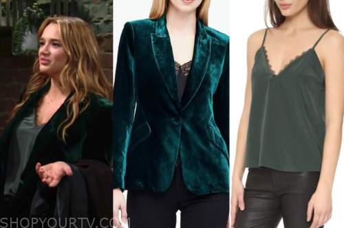 summer newman, hunter king, the young and the restless, green velvet blazer, green cami