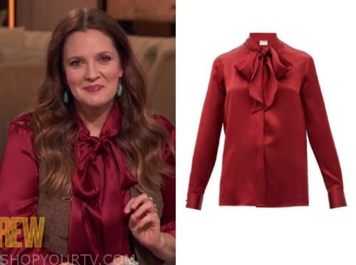 drew barrymore, drew barrymore show, red tie neck silk blouse
