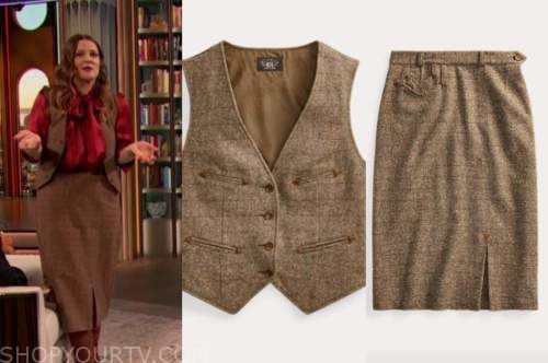 drew barrymore, drew barrymore show, brown check vest and brown check skirt