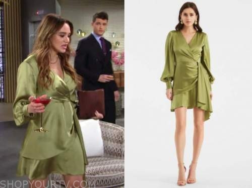 summer newman, hunter king , the young and the restless, green silk wrap dress