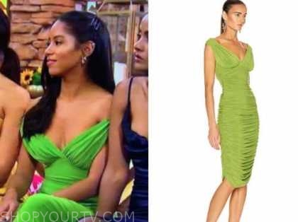bri springs, the bachelor, green ruched off-the-shoulder dress