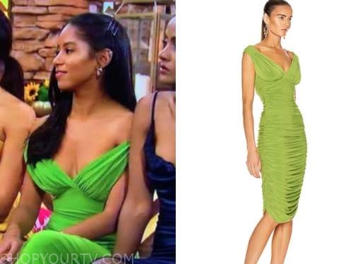 bri springs, the bachelor, green ruched off-the-shoulder dress