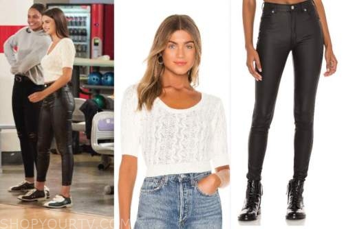rachael kirkconnell, white short sleeve sweater top, black jeans, the bachelor