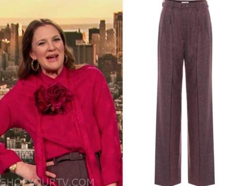drew barrymore, drew barrymore show, burgundy purple belted pants