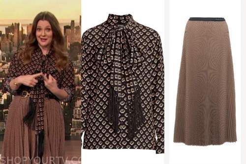 drew barrymore, drew barrymore show, fringe tie neck blouse, pleated midi skirt