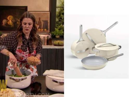 drew barrymore, drew barrymore show, white ivory pots and pants cookware set