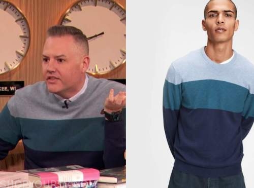 ross mathews, drew barrymore show, blue striped colorblock sweater