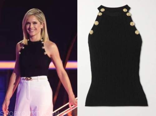 the chase, sara haines, black ribbed knit button top