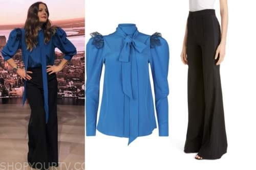 drew barrymore, drew barrymore show, blue lace tie neck blouse, black side stripe pants