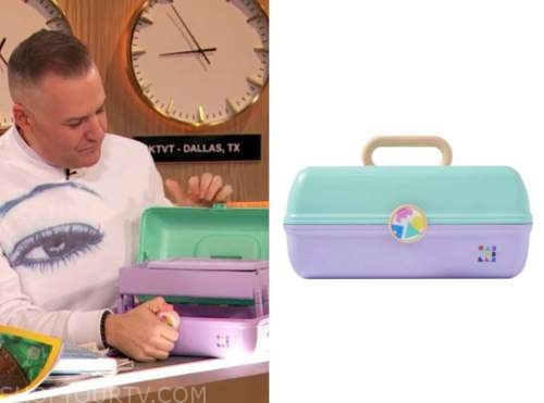 ross mathews, drew barrymore show, teal and purple caboodles cosmetics case