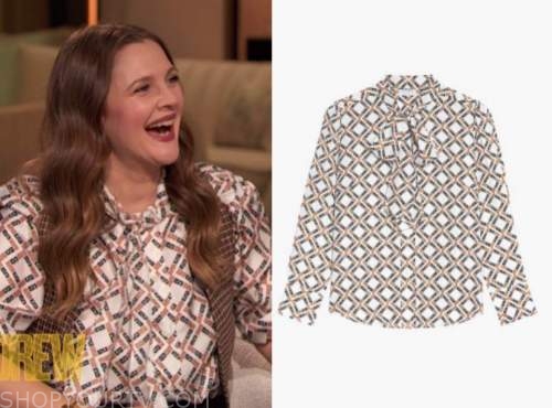 drew barrymore, drew barrymore show, geometric tie neck blouse