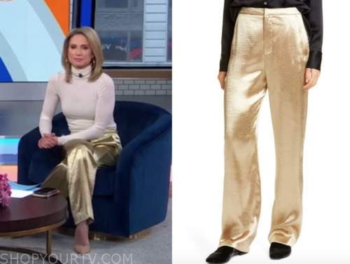 Good Morning America: February 2021 Amy Robach's Gold Metallic Wide Leg ...