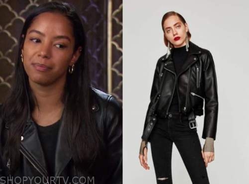 bri springs, black leather moto jacket, the bachelor