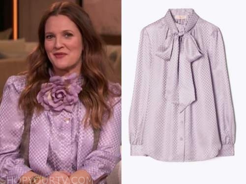 drew barrymore, drew barrymore show, purple satin bow tie neck blouse