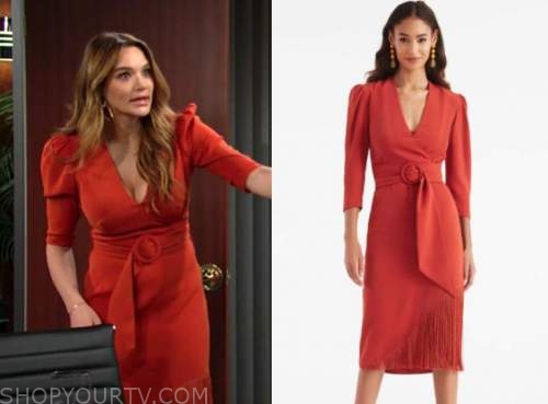 summer newman, hunter king, the young and the restless, rust red belted puff sleeve fringe dress