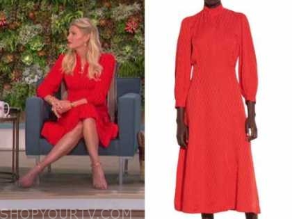 The Talk: February 2021 Amanda Kloots's Red Jacquard Zip-Front Midi ...