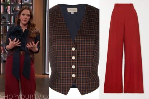 drew barrymore, drew barrymore show, plaid vest, red pants