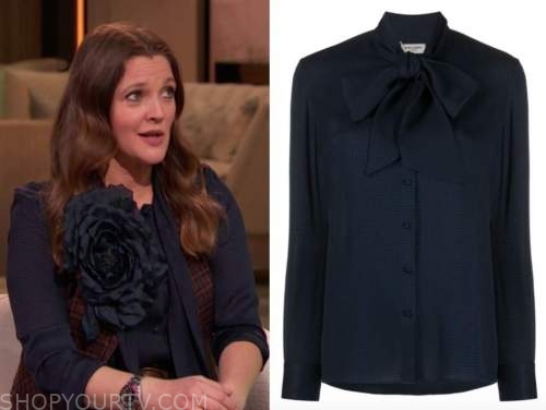 drew barrymore, drew barrymore show, navy blue tie neck blouse
